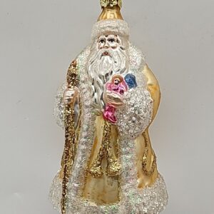 Gold Glitter Santa Claus Glass Ornament with Staff, Vintage Christmas Tree Figure Decoration