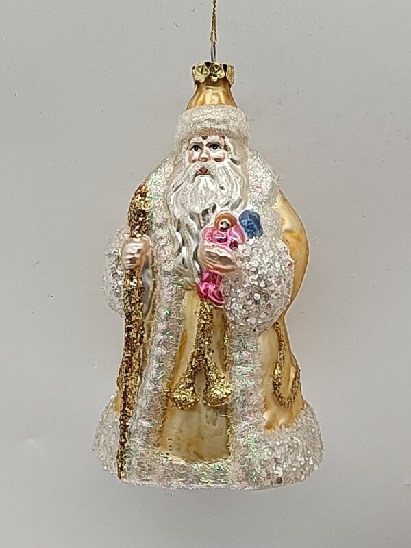 Gold Glitter Santa Claus Glass Ornament with Staff, Vintage Christmas Tree Figure Decoration