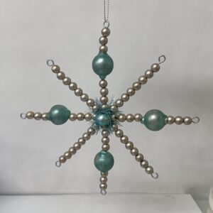Blue and Silver Glass Bead Snowflake Ornament 17cm, Beaded Christmas Tree Hanging Decoration