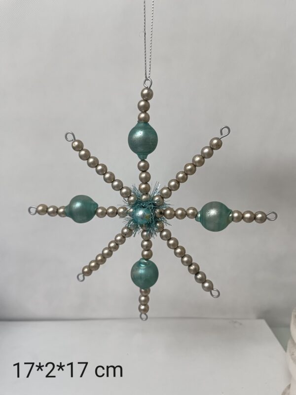 Blue and Silver Glass Bead Snowflake Ornament 17cm, Beaded Christmas Tree Hanging Decoration