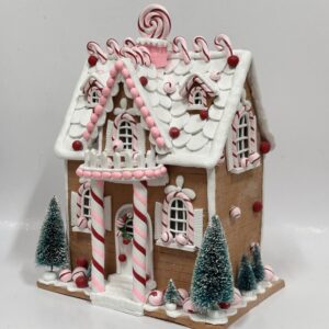 Gingerbread House with Candy Canes, White Icing Christmas Village Tabletop Clay Decoration