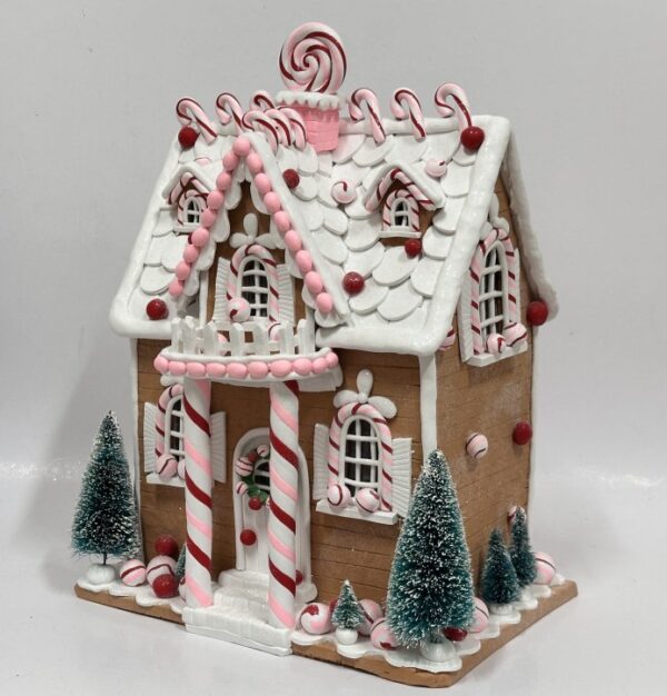 Gingerbread House with Candy Canes, White Icing Christmas Village Tabletop Clay Decoration