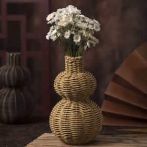 Black Double Gourd Wicker Vase, Handwoven Rattan Bubble Vase for Modern Farmhouse Decor, Statement Table Centerpiece, Wholesale
