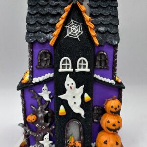 Purple Halloween Clay Haunted House with Ghosts, Spider Web and Pumpkins, Halloween Village Decor
