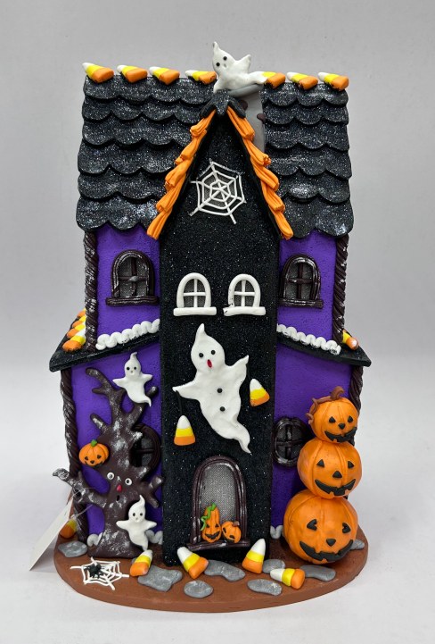 Purple Halloween Clay Haunted House with Ghosts, Spider Web and Pumpkins, Halloween Village Decor