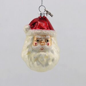 Santa Head Glass Christmas Ornament with Little Bird, Red Hat White Beard Tree Hanging Decor
