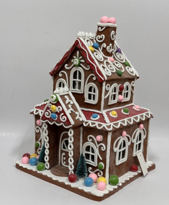 Red Roof Gingerbread House Christmas Figurine, Frosted Candy Clay Christmas Village Decor