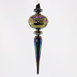 Gold Iridescent Mercury Glass Finial Ornament with Black Tip, Handmade Christmas Tree Decor