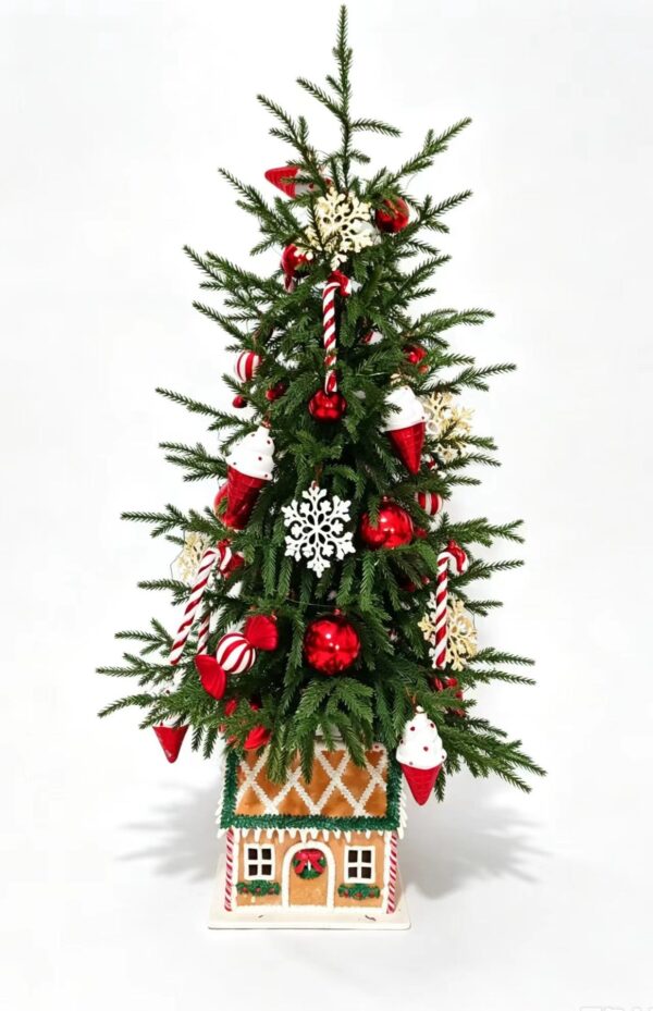 Pre-Decorated Candy Theme Christmas Tree with Snowflake and Ice Cream Ornaments, Gingerbread Pot Base, Xmas Home Decor