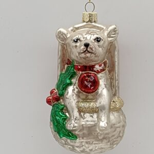 White Polar Bear Glass Christmas Ornament with Scarf and Wreath, Woodland Tree Hanging Decor