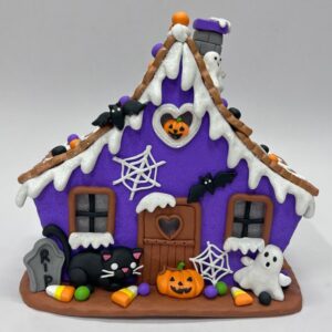 Purple Halloween Gingerbread House, Clay Dough Spooky Candy House with Ghost and Pumpkin Decor