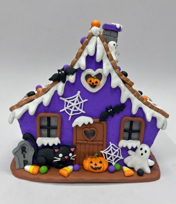 Purple Halloween Gingerbread House, Clay Dough Spooky Candy House with Ghost and Pumpkin Decor