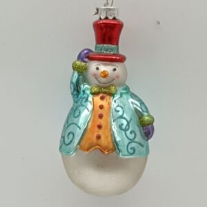 Glass Snowman Ornament in Blue Coat with Red Hat, Snow Covered Christmas Tree Hanging Decor