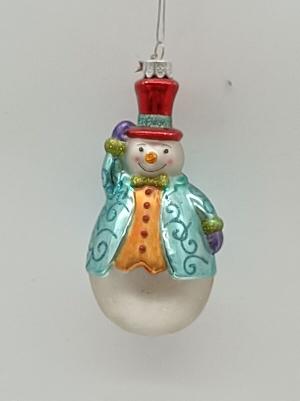 Glass Snowman Ornament in Blue Coat with Red Hat, Snow Covered Christmas Tree Hanging Decor