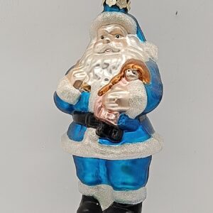 Blue Coat Santa Claus Glass Ornament with Gifts, Glitter Christmas Tree Hanging Figure Decor