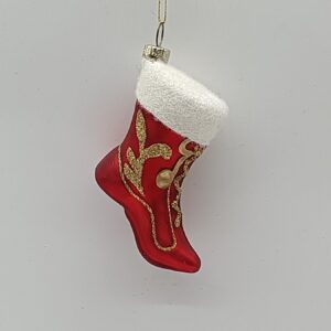 Red Glass Christmas Stocking Ornament with White Fur Cuff, Glitter Snowflake Holiday Tree Decor