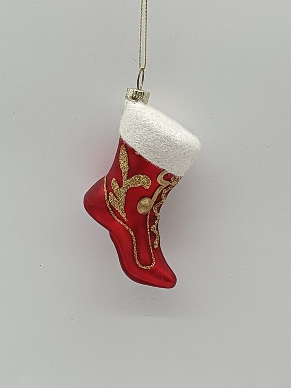 Red Glass Christmas Stocking Ornament with White Fur Cuff, Glitter Snowflake Holiday Tree Decor