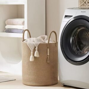 Tall Woven Cotton Rope Laundry Basket with Tassels, Large Round Storage Hamper for Bedroom Towels and Blankets, Wholesale