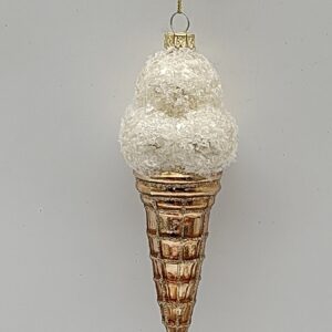 White Ice Cream Cone Glass Christmas Ornament, Frosted Glitter Sweet Treat Holiday Tree Decor