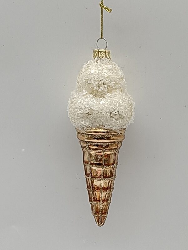 White Ice Cream Cone Glass Christmas Ornament, Frosted Glitter Sweet Treat Holiday Tree Decor
