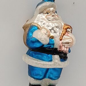 Blue Santa Claus Glass Ornament with Gold Bell, White Glitter Christmas Tree Figure Decoration