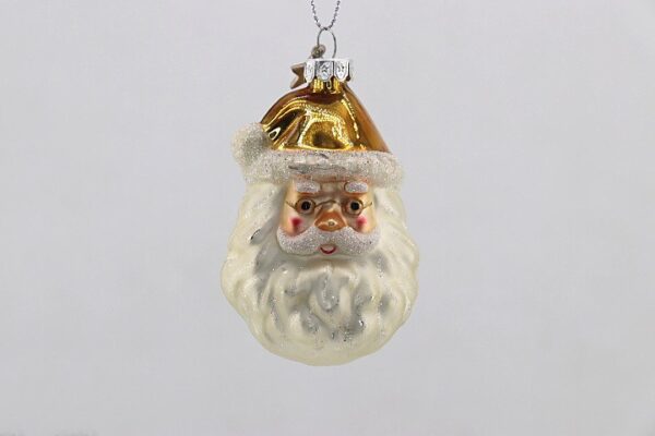 Gold Glitter Santa Head Glass Christmas Ornament, White Bearded Holiday Tree Hanging Decor