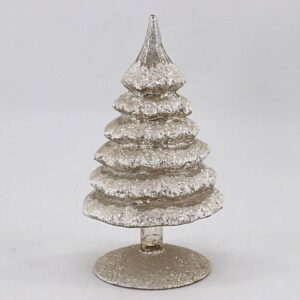 Silver Sparkle Glass Spire Christmas Tree Ornament, Snowy Glitter Tabletop Tree Decoration