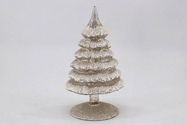 Silver Sparkle Glass Spire Christmas Tree Ornament, Snowy Glitter Tabletop Tree Decoration