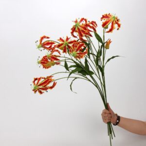 Orange Red Artificial Gloriosa Lily Bunch, Faux Flame Lily Stems for Tropical Home Decor, Wholesale