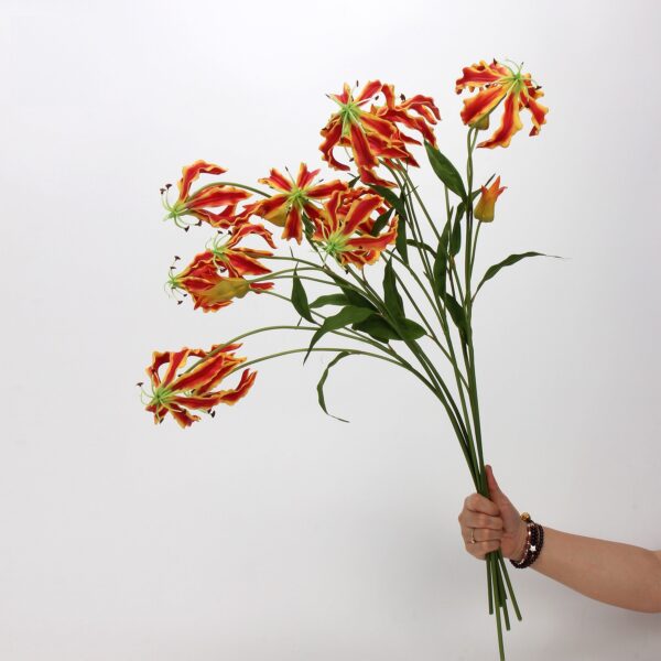Orange Red Artificial Gloriosa Lily Bunch, Faux Flame Lily Stems for Tropical Home Decor, Wholesale