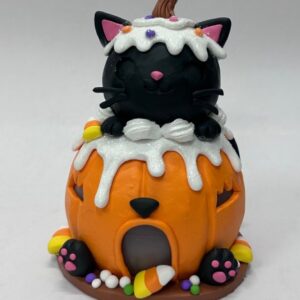 Black Cat Sitting on Pumpkin Halloween Figurine, Candy Corn Clay Dough Halloween Table Decor