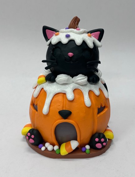 Black Cat Sitting on Pumpkin Halloween Figurine, Candy Corn Clay Dough Halloween Table Decor