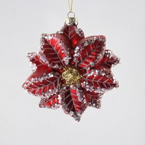 Red Glitter Poinsettia Christmas Ornament, Frosted Flower Holiday Tree Hanging Decoration