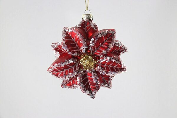 Red Glitter Poinsettia Christmas Ornament, Frosted Flower Holiday Tree Hanging Decoration