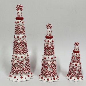 Set of 3 Peppermint Swirl Cone Christmas Trees, Red White Candy Cane Tabletop Tree Decor Wholesale