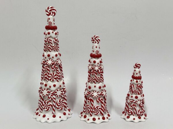 Set of 3 Peppermint Swirl Cone Christmas Trees, Red White Candy Cane Tabletop Tree Decor Wholesale