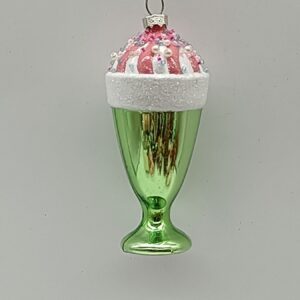 Green Glass Ice Cream Sundae Christmas Ornament, Pink Topping Sweet Treat Holiday Tree Decor