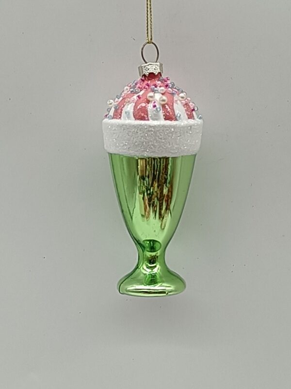 Green Glass Ice Cream Sundae Christmas Ornament, Pink Topping Sweet Treat Holiday Tree Decor