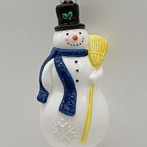 Glass Snowman Ornament with Broom and Blue Scarf, White Glitter Christmas Tree Hanging Decor