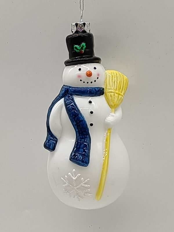 Glass Snowman Ornament with Broom and Blue Scarf, White Glitter Christmas Tree Hanging Decor