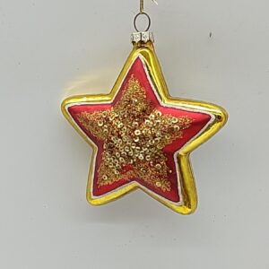 Red and Gold Star Glass Christmas Ornament, Glitter Accented Star Tree Hanging Decoration