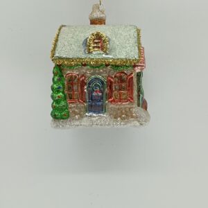 White and Blue Snowy House Glass Christmas Ornament, Glitter Village Tree Hanging Decoration