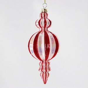 Red and White Lantern Glass Finial Ornament, Striped Vintage Christmas Tree Hanging Decor