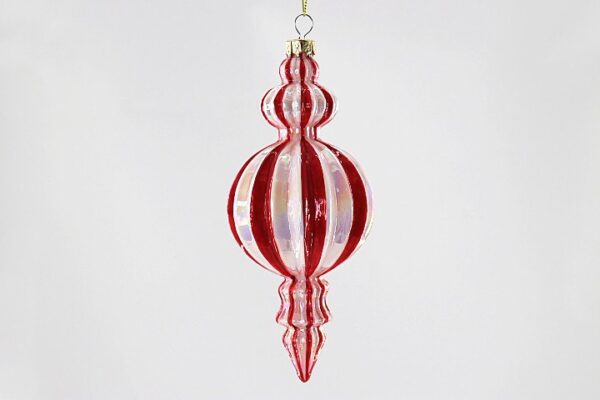 Red and White Lantern Glass Finial Ornament, Striped Vintage Christmas Tree Hanging Decor