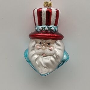Uncle Sam Santa Head Glass Christmas Ornament, Red White Blue Patriotic Holiday Tree Decor