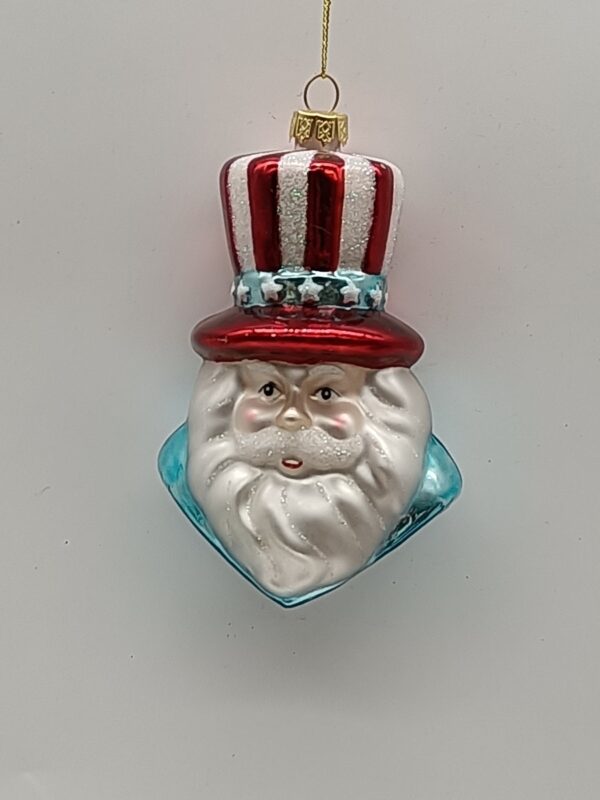 Uncle Sam Santa Head Glass Christmas Ornament, Red White Blue Patriotic Holiday Tree Decor