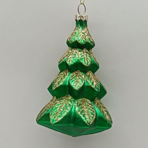 Green Glass Christmas Tree Ornament with Gold Glitter Trim, Tabletop Tree Hanging Decoration