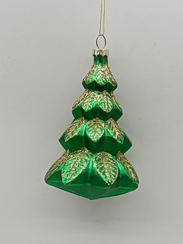 Green Glass Christmas Tree Ornament with Gold Glitter Trim, Tabletop Tree Hanging Decoration