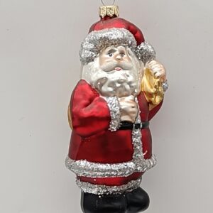 Santa Claus Glass Christmas Ornament with Gold Bell, Red and Silver Glitter Holiday Tree Decor