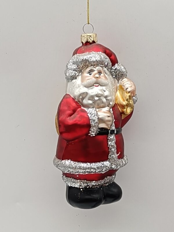 Santa Claus Glass Christmas Ornament with Gold Bell, Red and Silver Glitter Holiday Tree Decor
